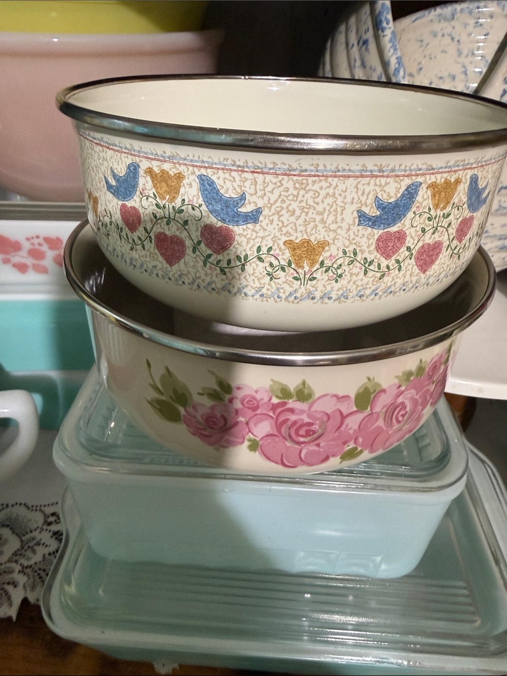 Vintage Floral Enamel Mixing Bowls - Cream with Pink & Blue Pattern - Picture 2 of 5